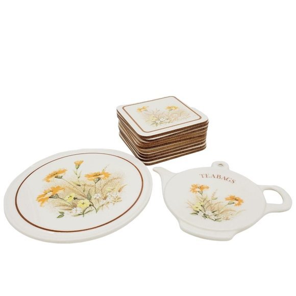 Vtg St. Michael Floral Tea Time Melamine Pot Trivet‎  Teabag Plate & 10 Coasters - Picture 2 of 7